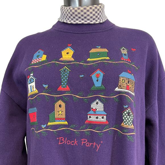 Vtg Gopher Sport Womens Mock Neck Sweatshirt Bird Houses Gardening Block Party L - Picture 2 of 8